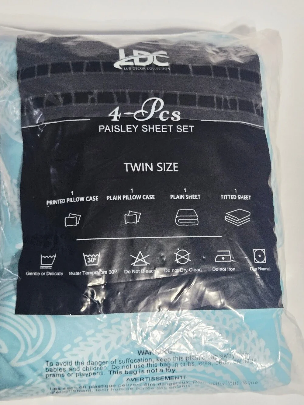 LDC Lux Decor Collection Twin 4 Piece Sheet Set Blue Paisley Deep Pocket NEW